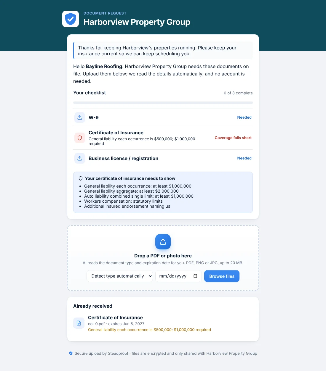 Steadproof vendor upload portal branded for Harborview Property Group with a document checklist