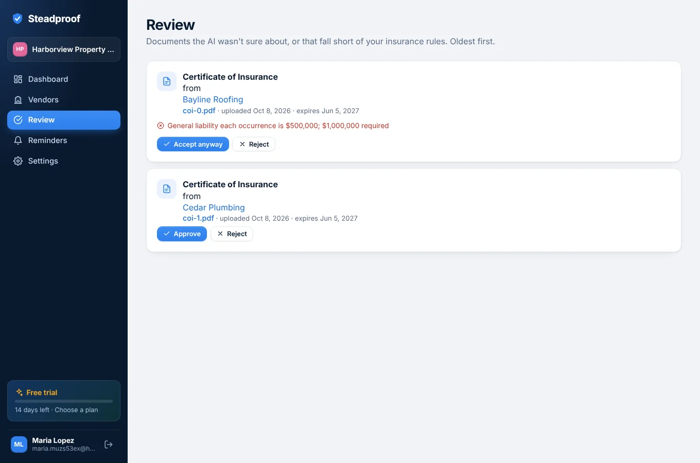 Steadproof review queue with certificates waiting for approval